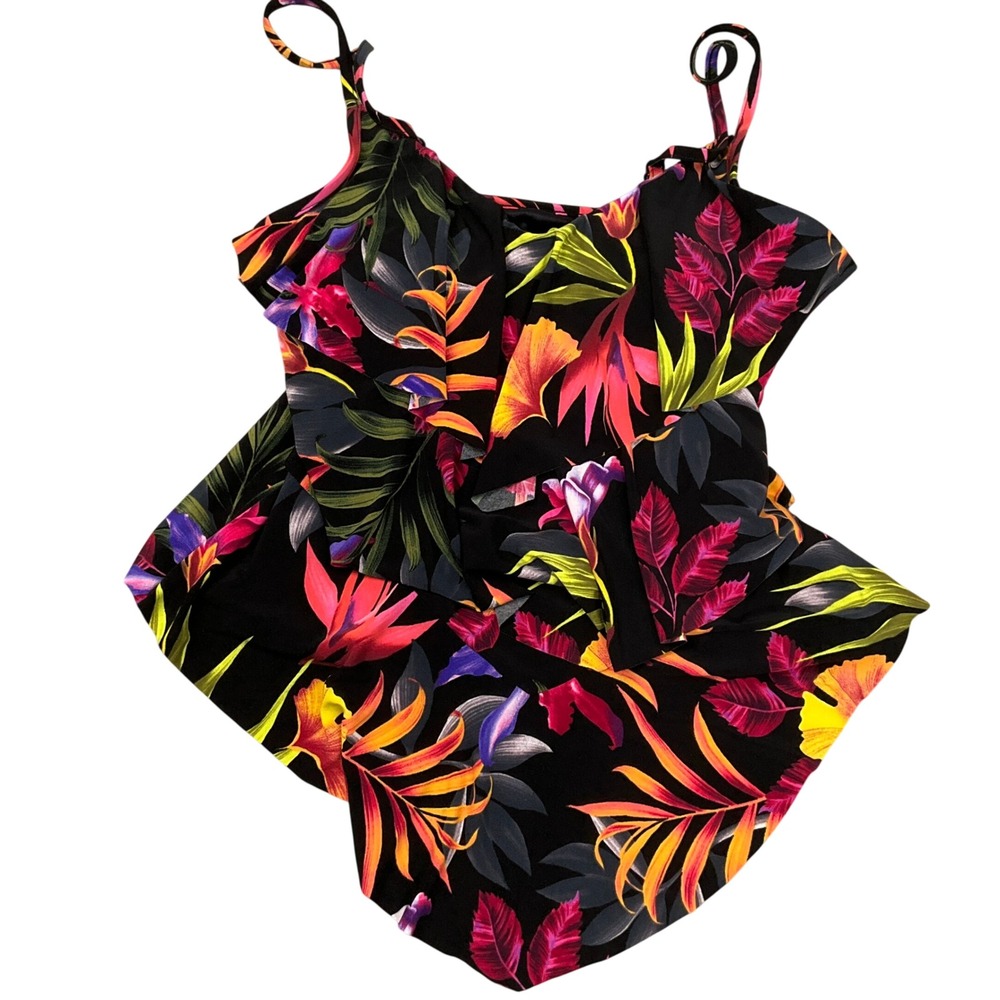 Magicsuit Tankini Top Womens 10 Black Tropical Floral Ruffle Tiered Vibrant Swim